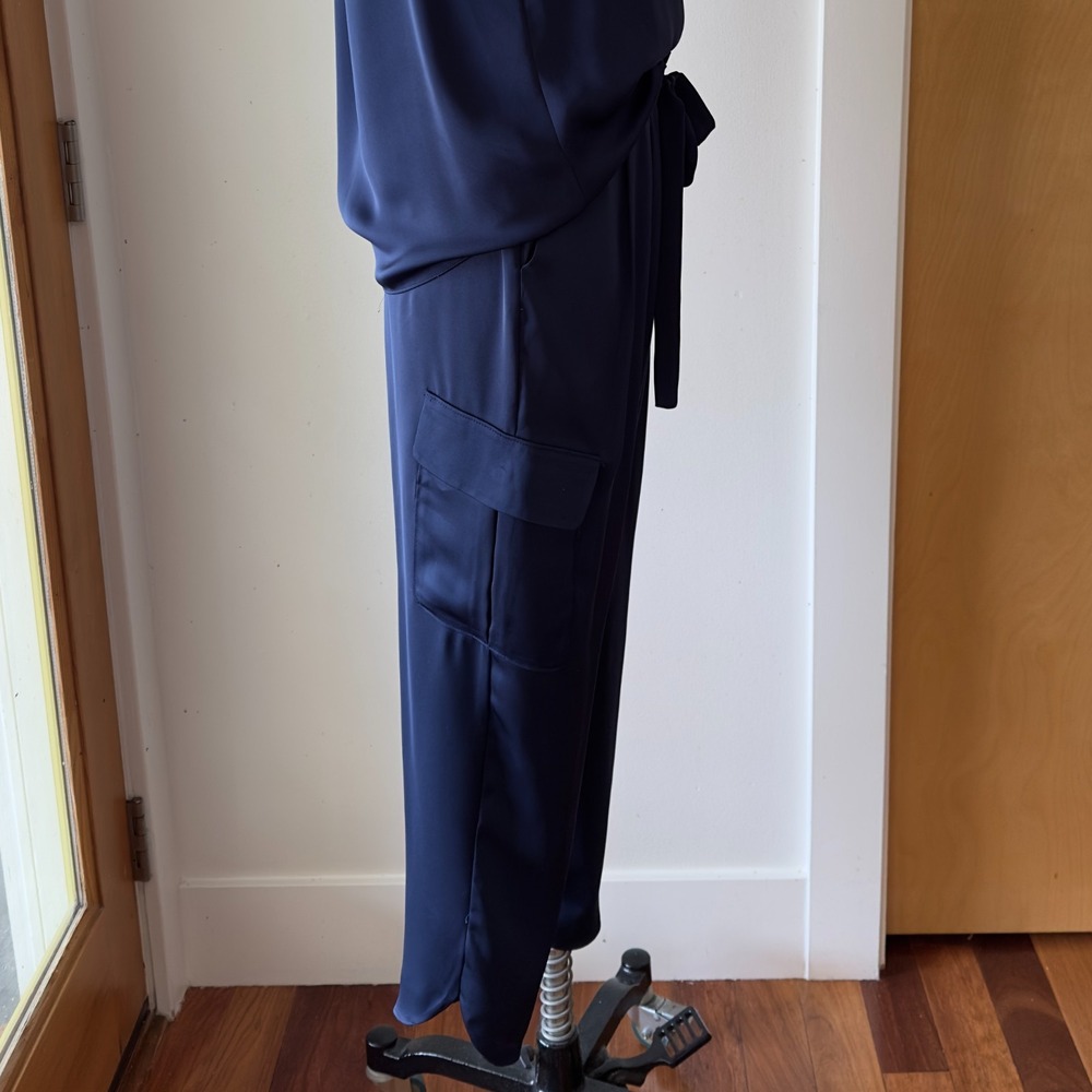 Ramy Brook Satin Elevated Utility Cargo Pants-Navy-Paperbag Waist-Sz M-RRP $295 - Picture 2 of 16